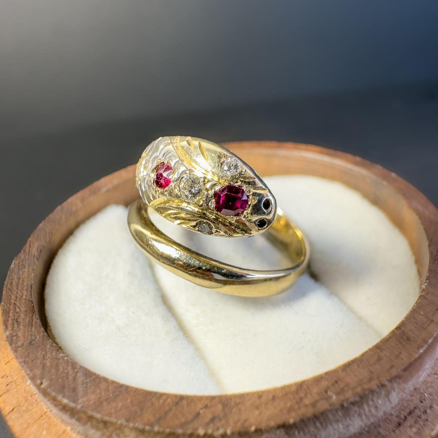 Antique 9ct Gold Diamond & Ruby Serpent Snake Ring Unique Victorian Symbolism | 1918 Hallmarked | UK L 1/2 - US 6 | Resizable