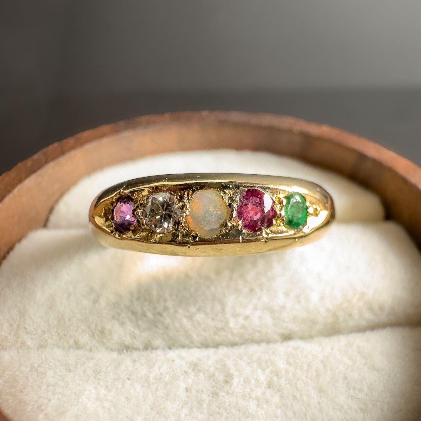 Stunning Antique Victorian 18ct Gold ADORE Acrostic Multi Gemstone Gypsy Ring | 1905 Hallmarked | UK M 1/1 - US 6.5 | Resizable
