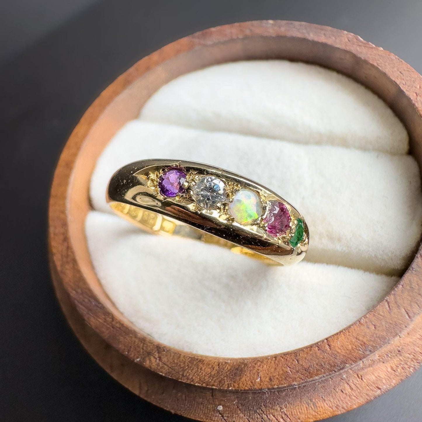 Stunning Antique Victorian 18ct Gold ADORE Acrostic Multi Gemstone Gypsy Ring | 1905 Hallmarked | UK M 1/1 - US 6.5 | Resizable