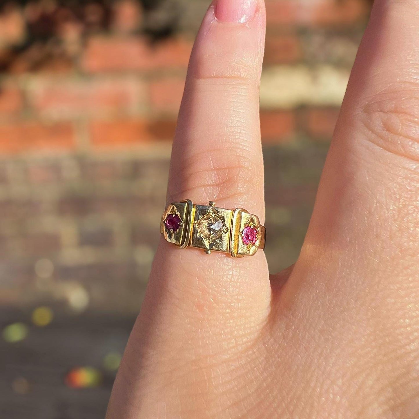 Stunning | Antique | Victorian | 1880s | 18ct | 18k Gold Gypsy Ring with Rose-Cut Diamond & Cushion-Cut Rubies | Chester Hallmarked |