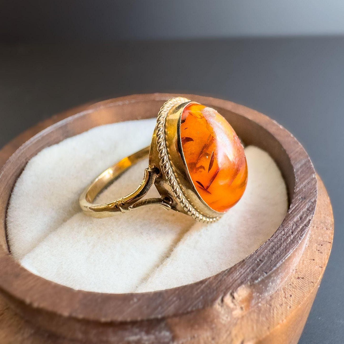 Vintage | 1970s | 9ct Gold Amber Ring | Cognac Amber Statement Ring | English Hallmarks | UK L - US 5.75 | Resizable |