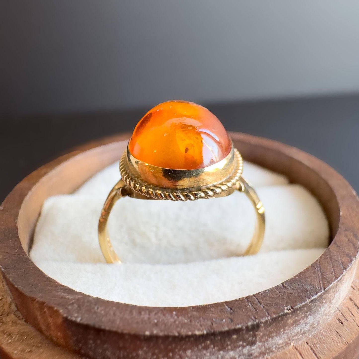 Vintage | 1970s | 9ct Gold Amber Ring | Cognac Amber Statement Ring | English Hallmarks | UK L - US 5.75 | Resizable |