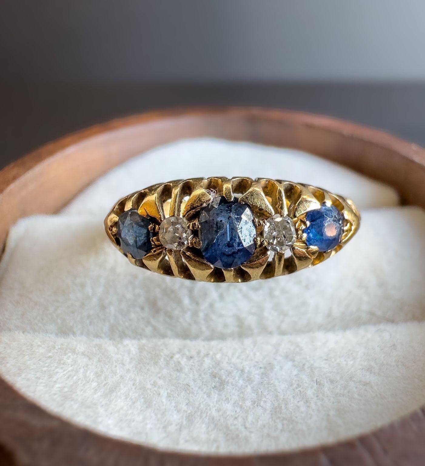 Antique 1912 Edwardian 18ct Gold Sapphire and Diamond Ring | Vintage Sapphire Statement Ring | Edwardian Fine Jewelry | Hallmarked |