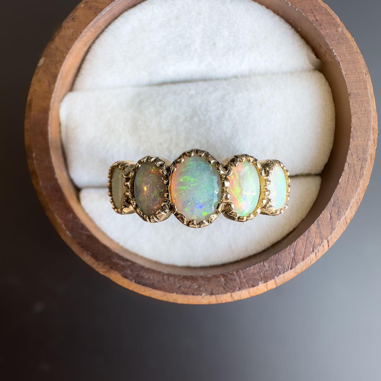 Vintage 9ct Gold Opal 5 Stone Ring | Stunning Opal Band | Unique October Birthstone Gift | English Hallmarks | UK O - US 7.25 | Resizable