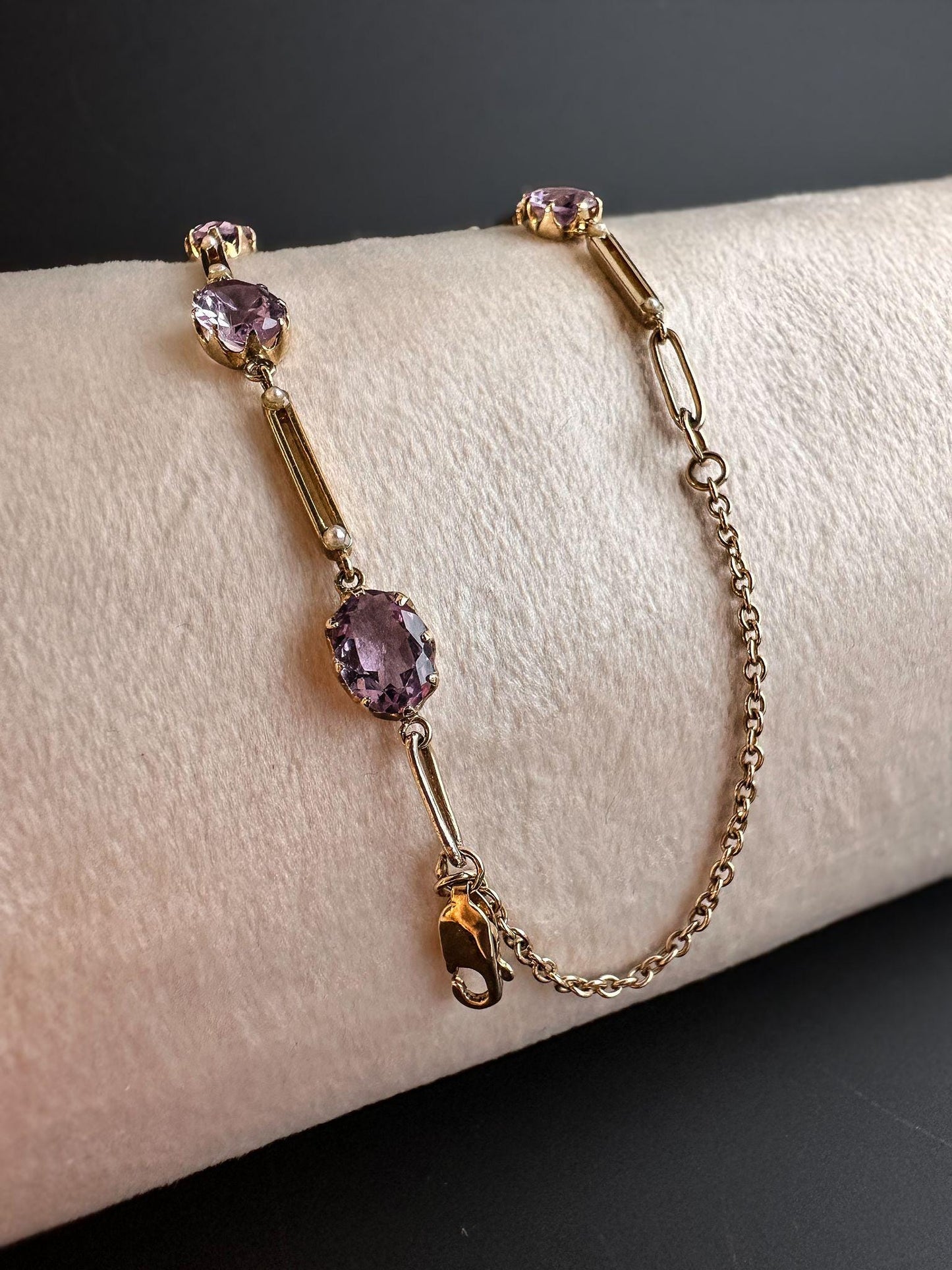 Vintage 9ct Gold Amethyst & Seed Pearl Bracelet Elegant Victorian Style Purple Gemstone Jewelry | English Hallmarks | 19cm - 7.5 Inch