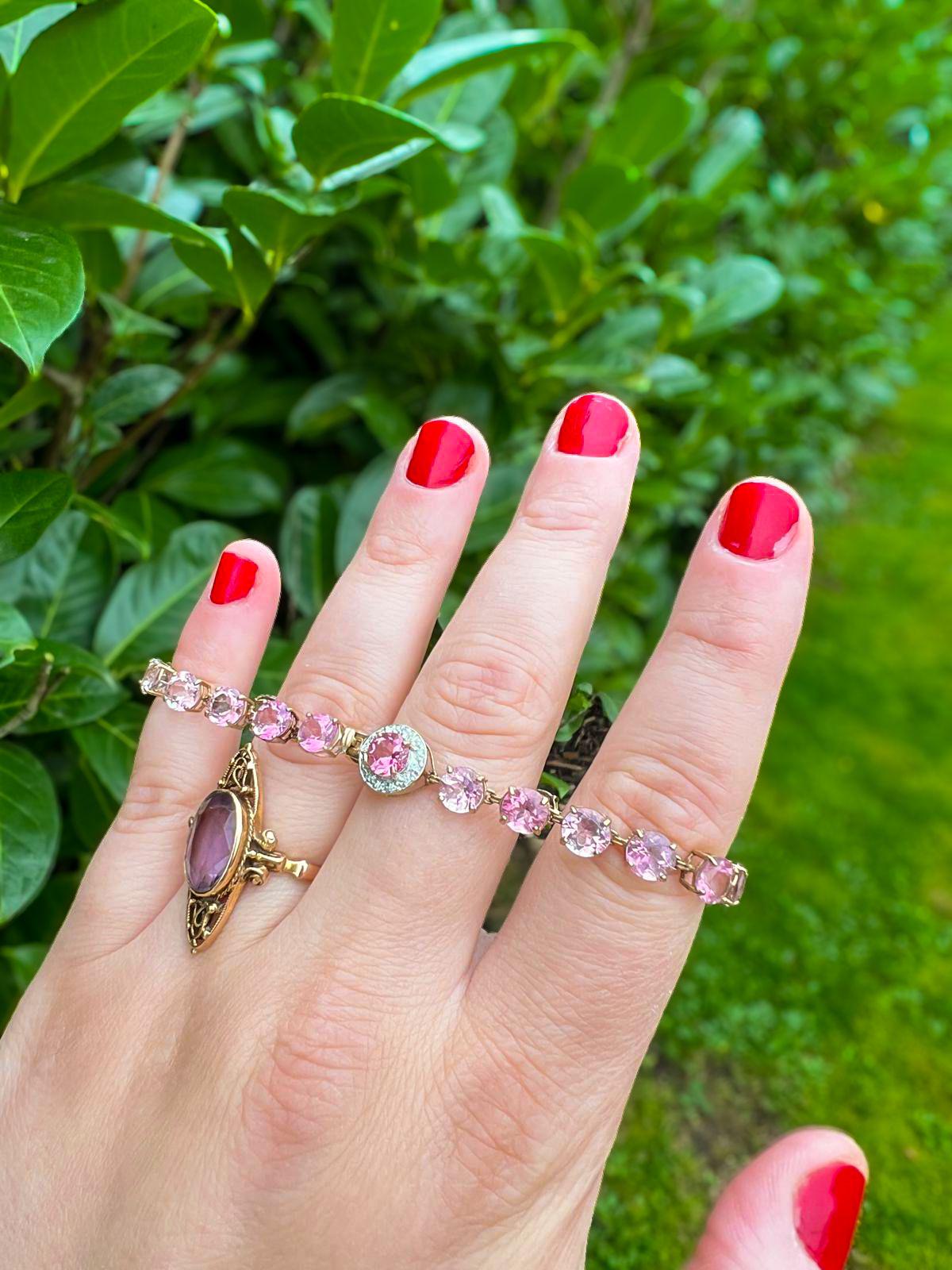 Sparkling 9ct Gold Pink Zirconia Bracelet Elegant Vintage Tennis Bracelet | English Hallmarks | 20cm - 8 Inch |