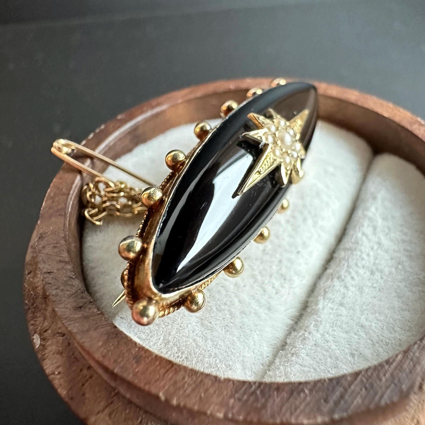 15ct Yellow Gold and Black Enamel Pearl-Set Oval late Victorian Brooch, c.1900, Victorian Jewellery