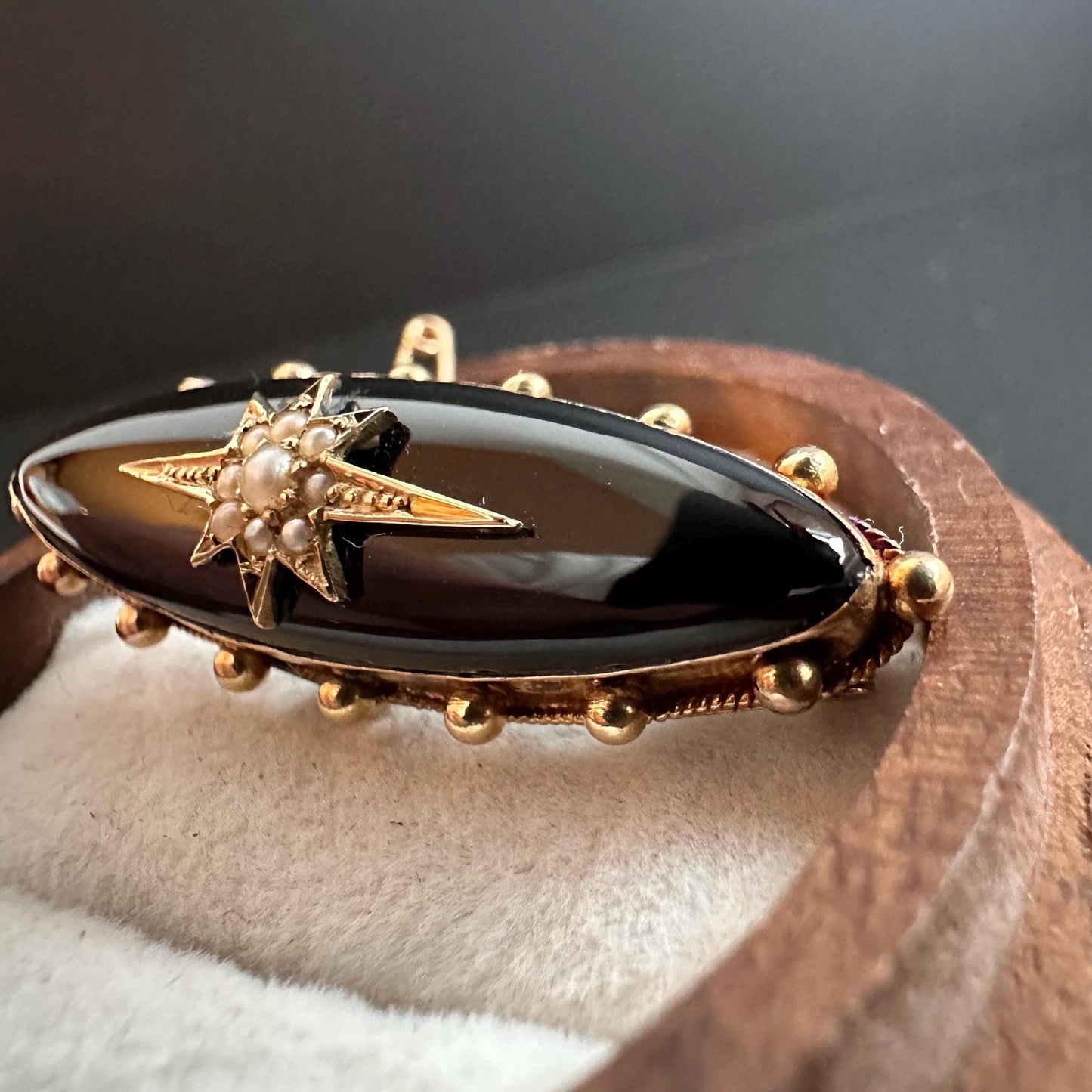 15ct Yellow Gold and Black Enamel Pearl-Set Oval late Victorian Brooch, c.1900, Victorian Jewellery