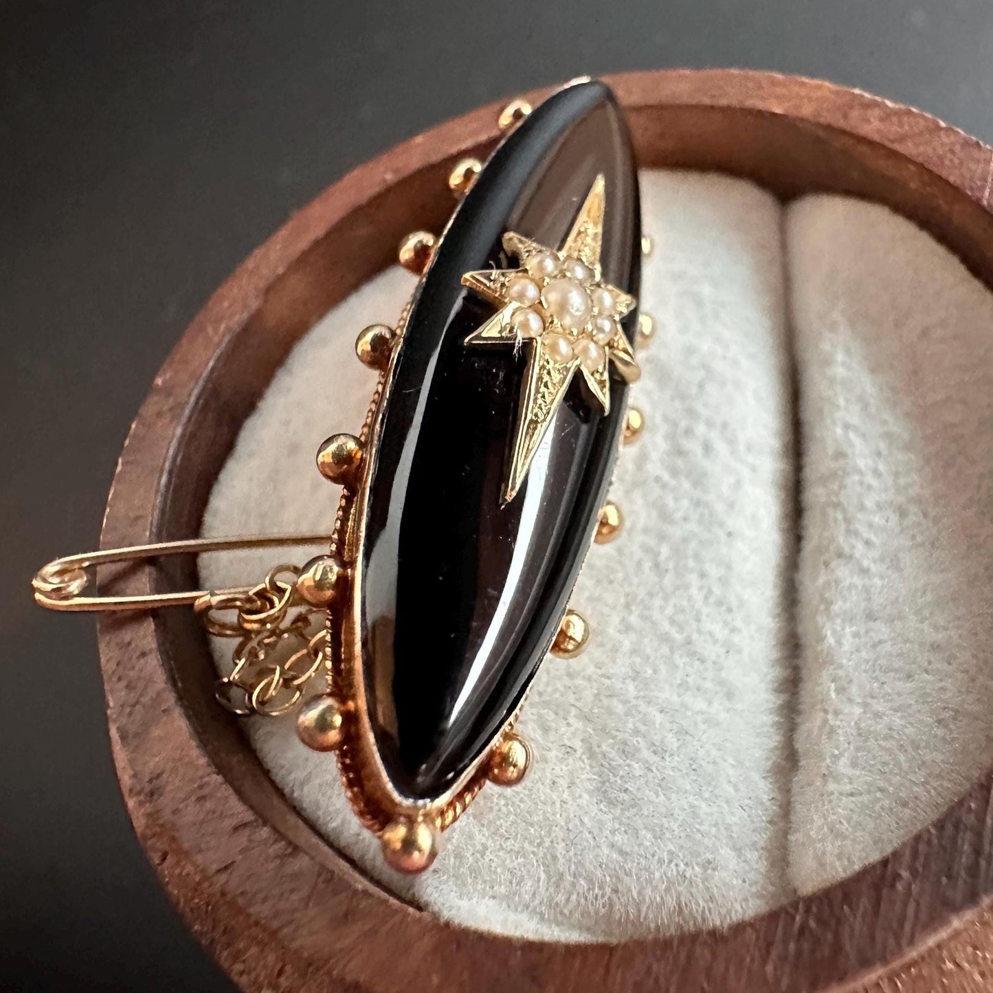 15ct Yellow Gold and Black Enamel Pearl-Set Oval late Victorian Brooch, c.1900, Victorian Jewellery