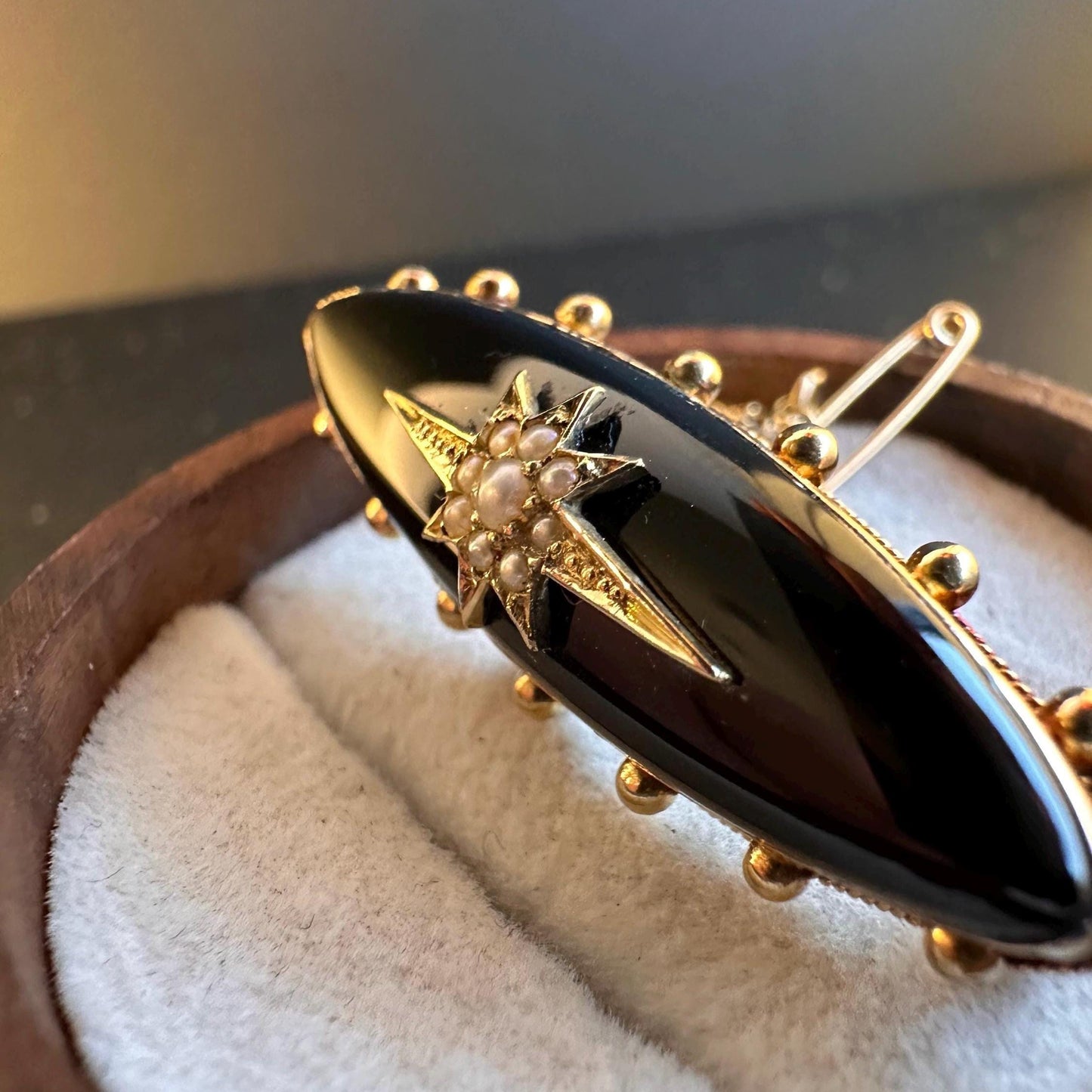 15ct Yellow Gold and Black Enamel Pearl-Set Oval late Victorian Brooch, c.1900, Victorian Jewellery
