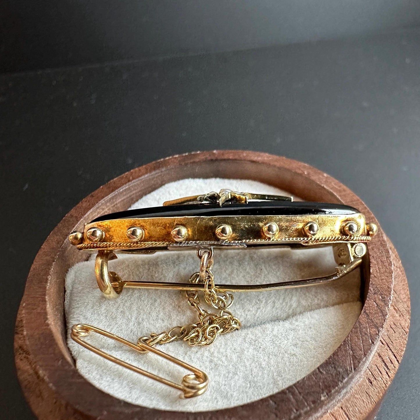 15ct Yellow Gold and Black Enamel Pearl-Set Oval late Victorian Brooch, c.1900, Victorian Jewellery