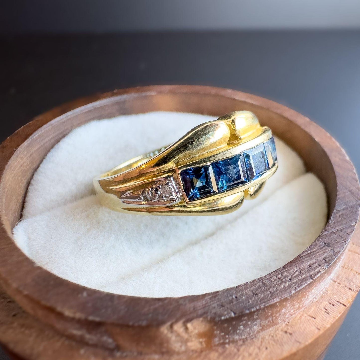 Vintage | 14ct | 14k Gold | Sapphire and Diamond Gypsy Style Ring | Elegant Sapphire Band | Retro Ring | UK N - US 6.75 | Resizable