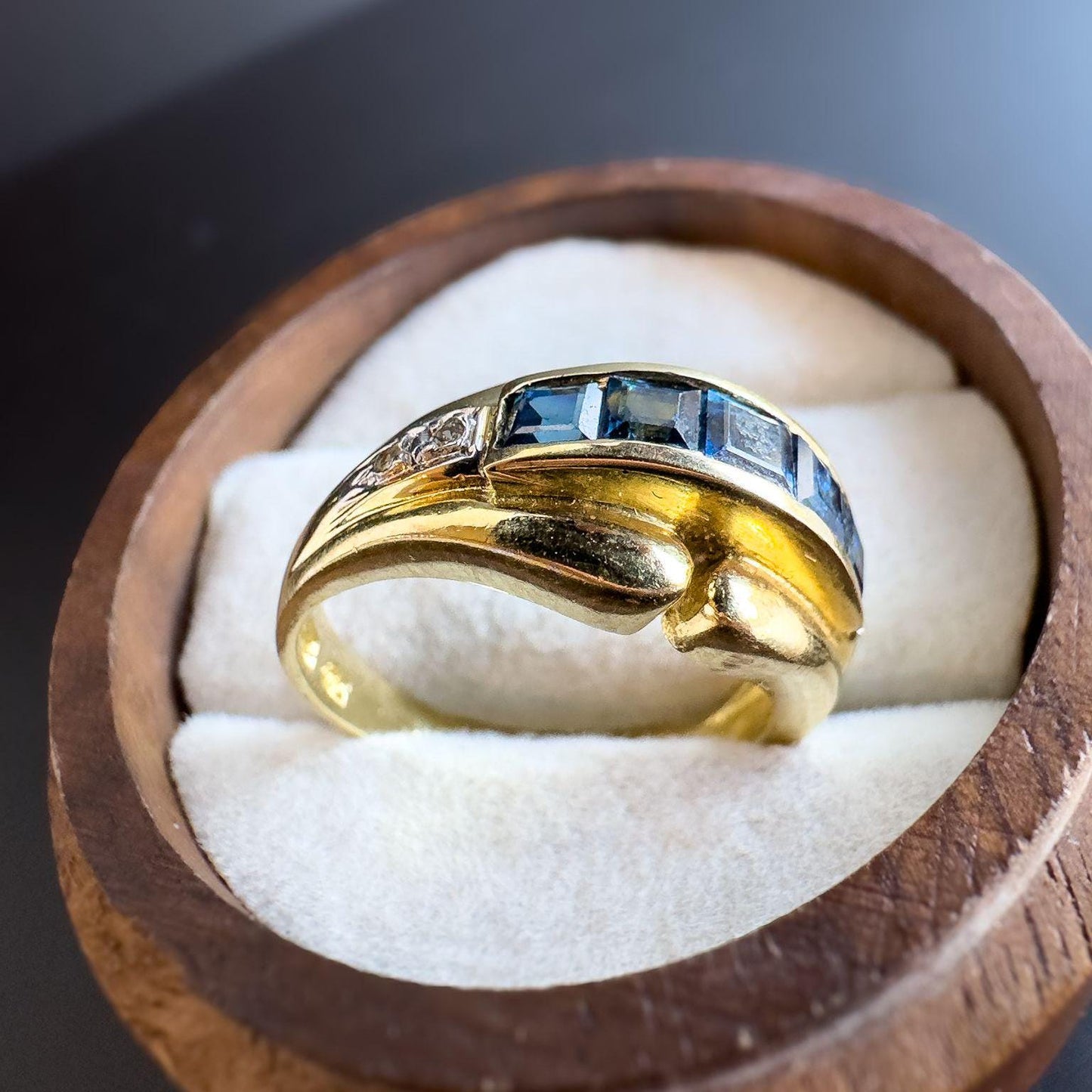 Vintage | 14ct | 14k Gold | Sapphire and Diamond Gypsy Style Ring | Elegant Sapphire Band | Retro Ring | UK N - US 6.75 | Resizable