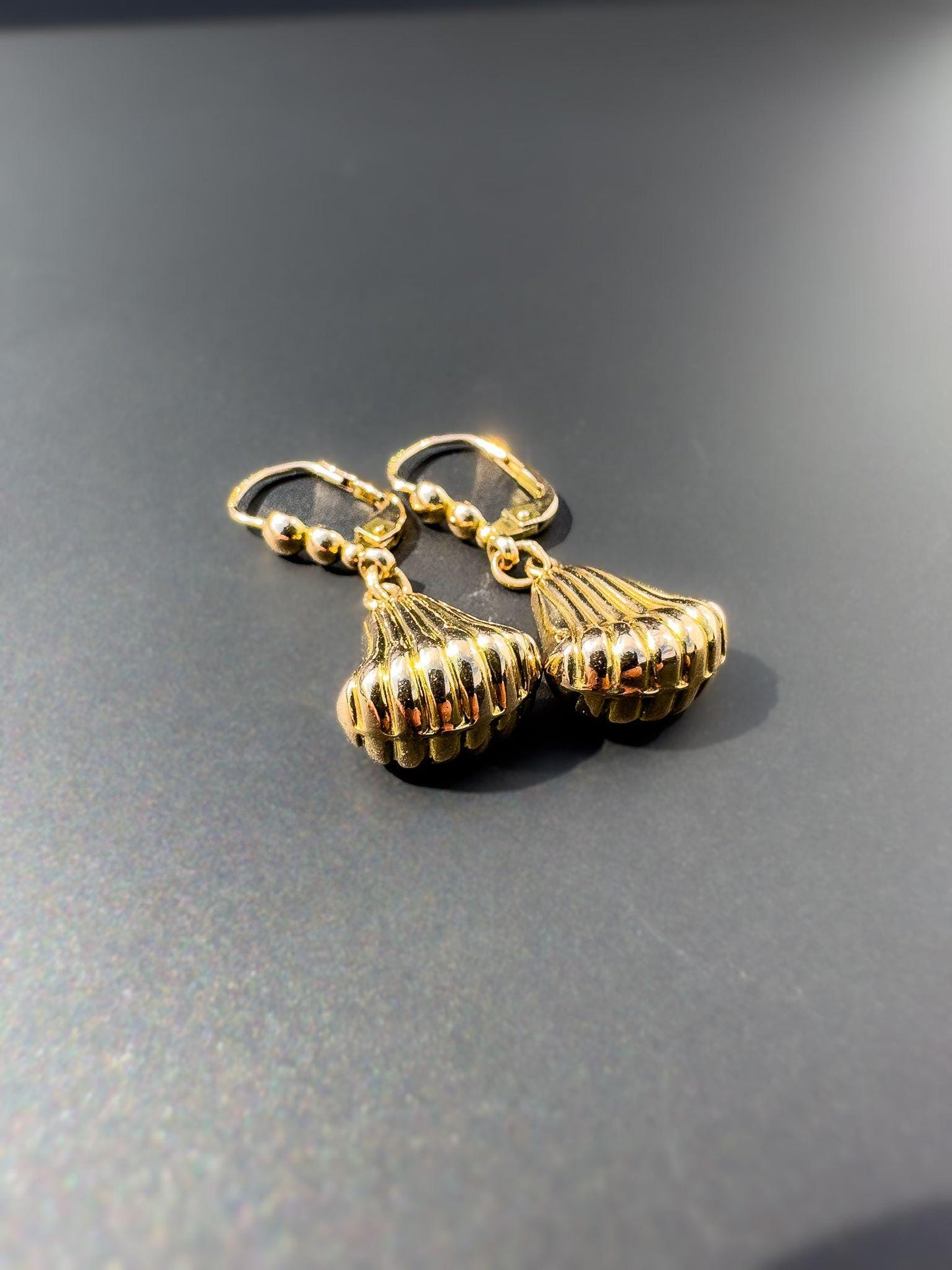 Vintage 9ct Gold Shell Drop Earrings | Classic Leverback Dangle | Elegant Nautical Jewelry | Gift for Her