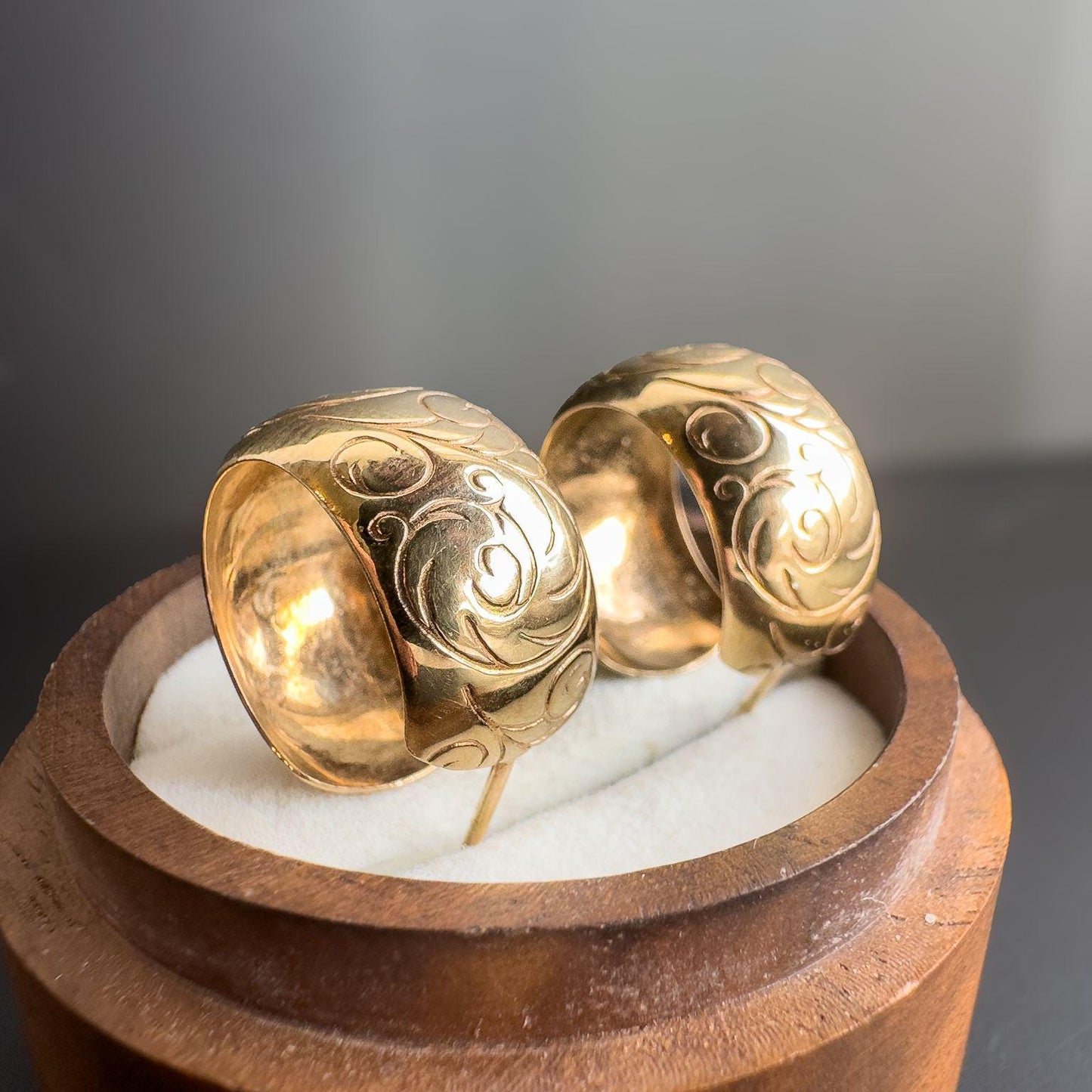 Vintage 9ct Gold Engraved Hoop Earrings | Bold Floral Patterned Huggies | Classic Statement Jewelry | Gift for Her| Hallmarks |