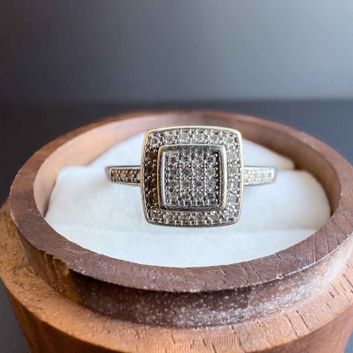 Unique 9ct White Gold Diamond Ring | Elegant Square Halo Pave Set Diamond Band | English Hallmarks | UK Q 1/2 - US 8.25 | Resizable