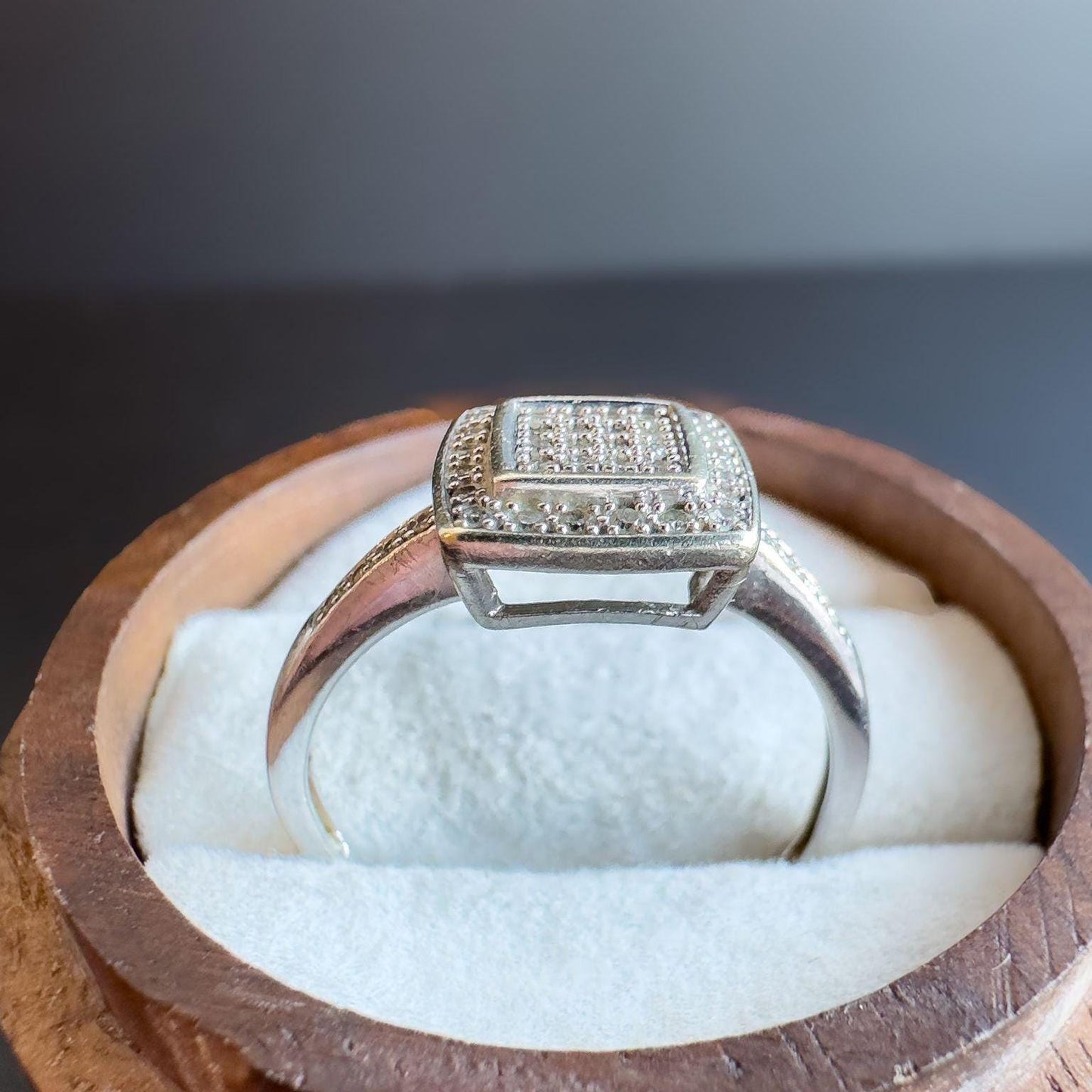 Unique 9ct White Gold Diamond Ring | Elegant Square Halo Pave Set Diamond Band | English Hallmarks | UK Q 1/2 - US 8.25 | Resizable
