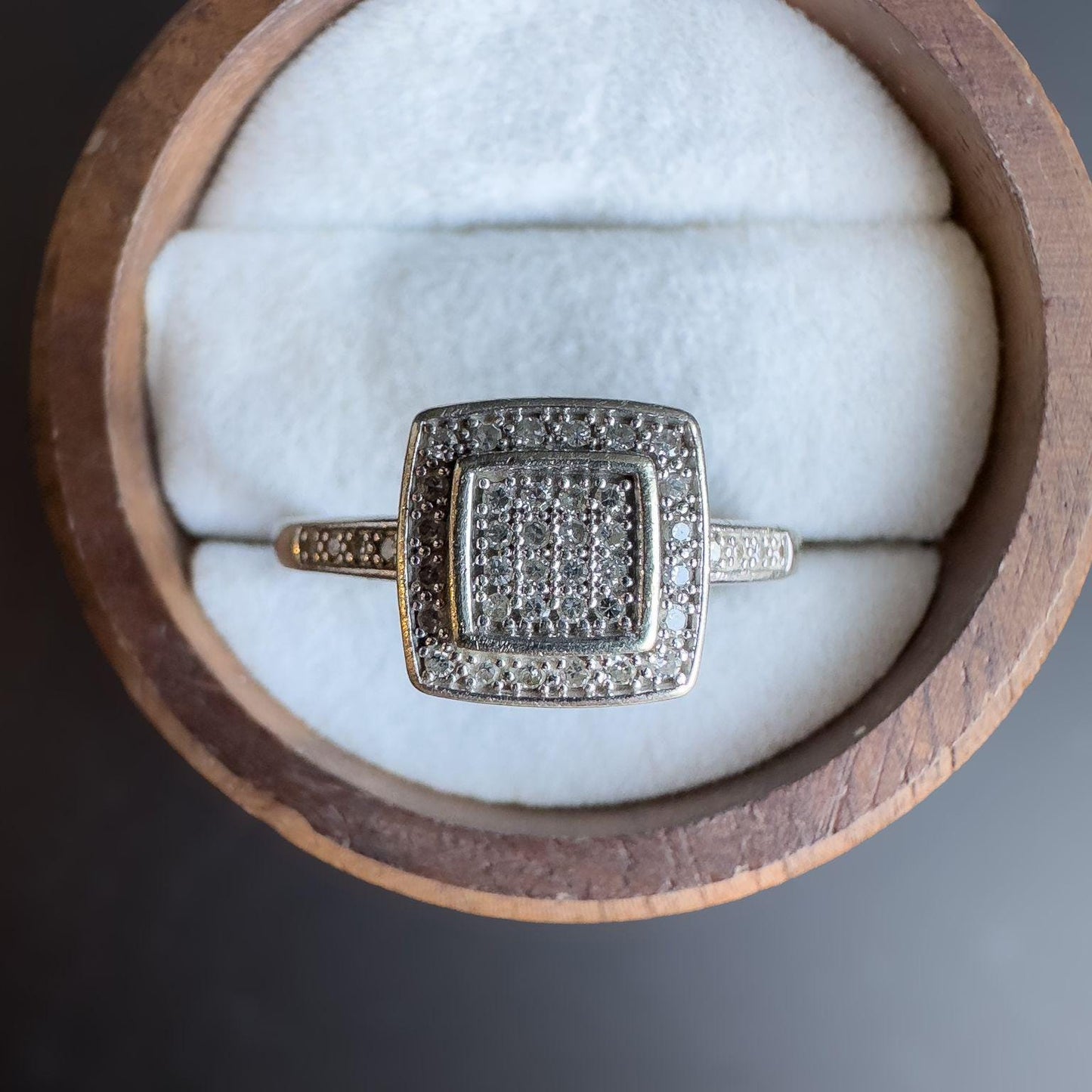 Unique 9ct White Gold Diamond Ring | Elegant Square Halo Pave Set Diamond Band | English Hallmarks | UK Q 1/2 - US 8.25 | Resizable