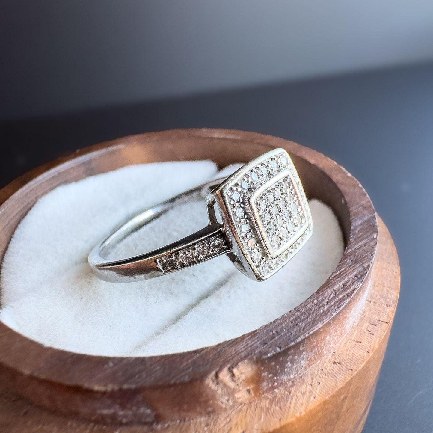 Unique 9ct White Gold Diamond Ring | Elegant Square Halo Pave Set Diamond Band | English Hallmarks | UK Q 1/2 - US 8.25 | Resizable