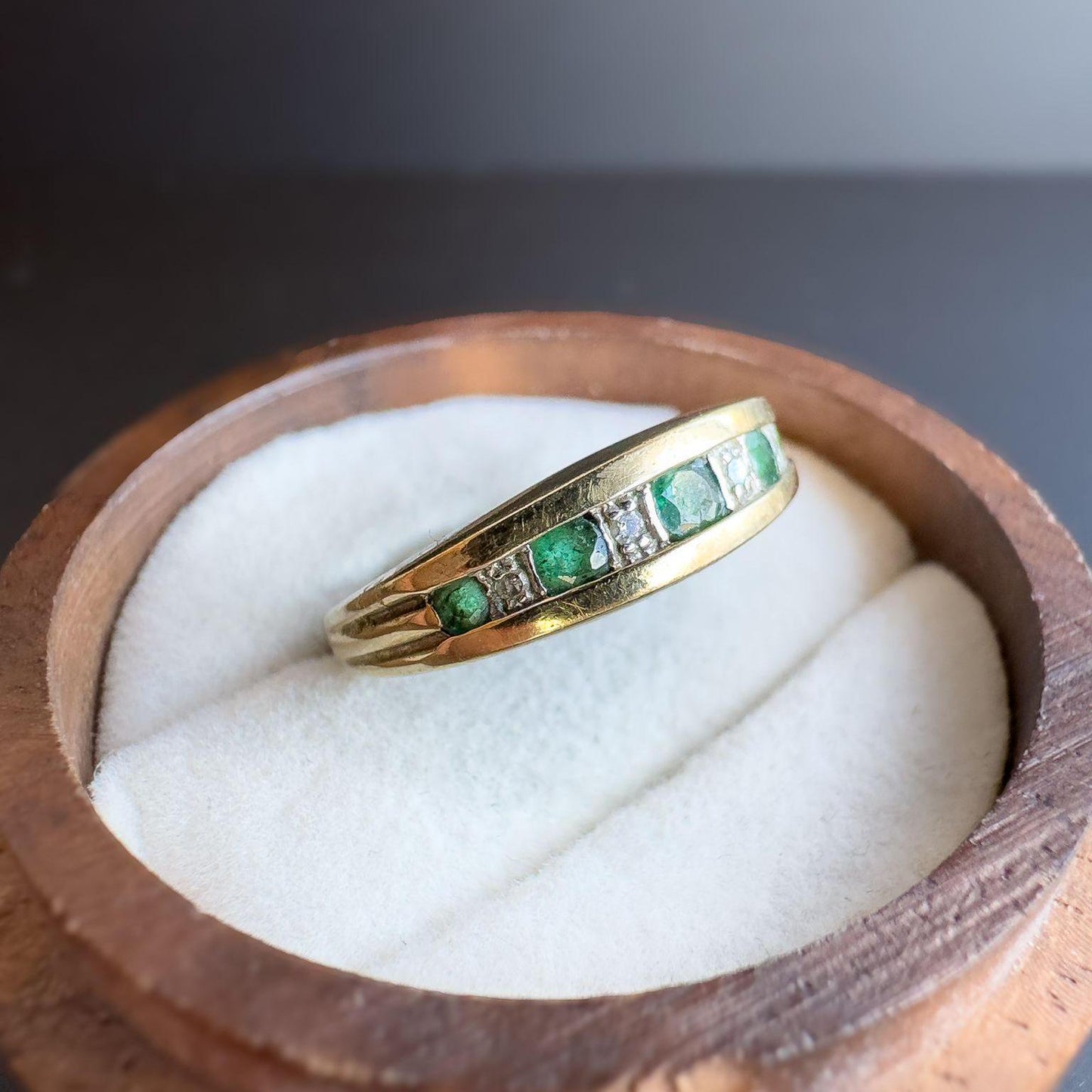Vintage | 9ct Gold Emerald and Diamond Band Ring | Unique Half Eternity Emerald Ring | English Hallmarks | UK L - US 5.75 | Resizable