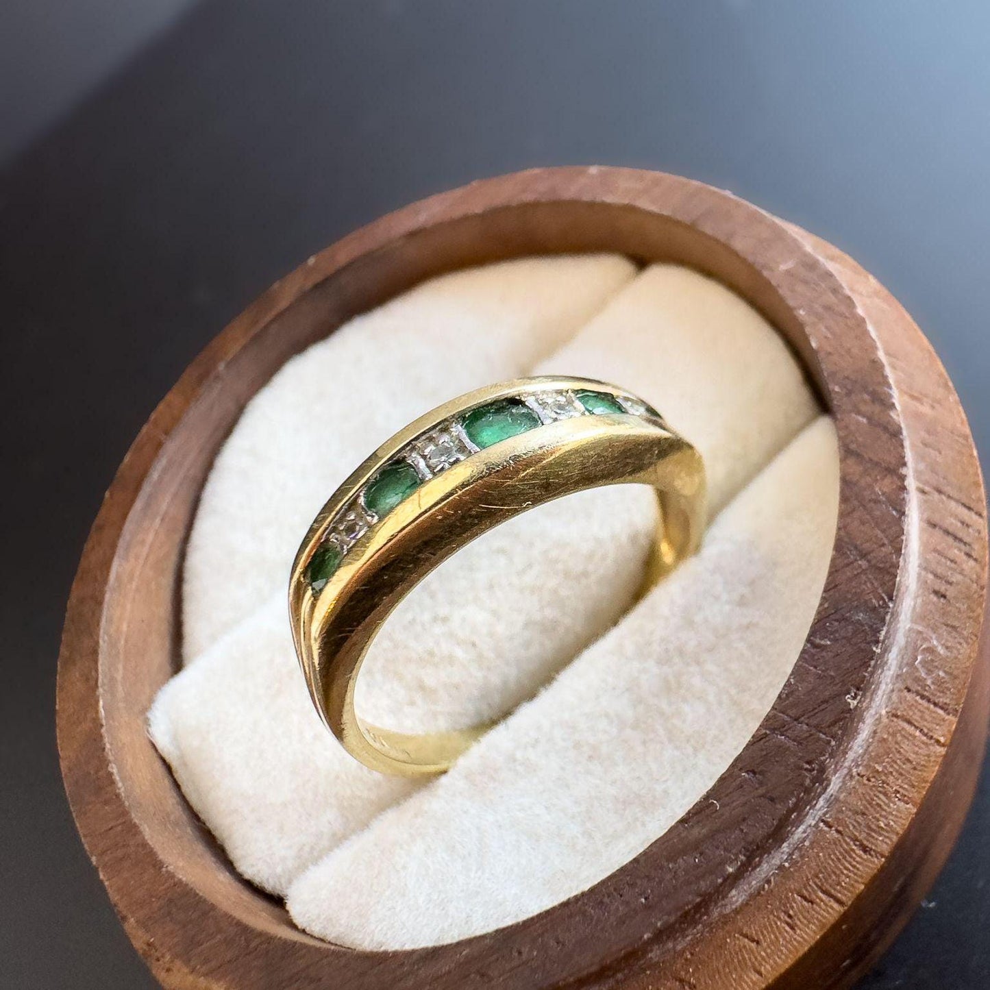 Vintage | 9ct Gold Emerald and Diamond Band Ring | Unique Half Eternity Emerald Ring | English Hallmarks | UK L - US 5.75 | Resizable