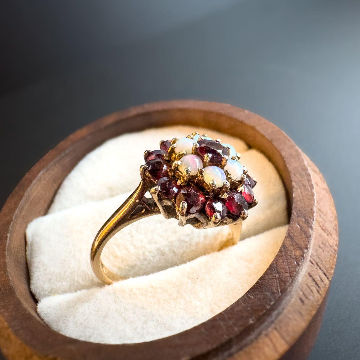 Vintage 9ct Gold Opal & Garnet Cluster Ring | Unique Floral Gemstone Ring | Classic Statement Jewelry | UK K 1/2 - US 5.5 | Resizable |