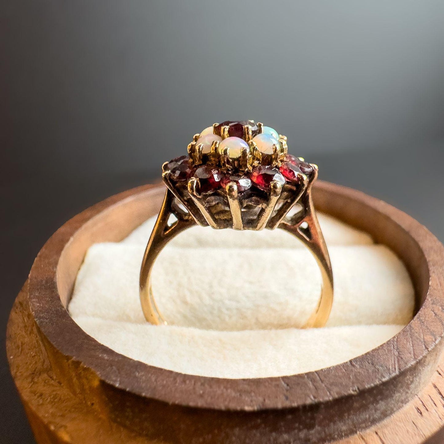 Vintage 9ct Gold Opal & Garnet Cluster Ring | Unique Floral Gemstone Ring | Classic Statement Jewelry | UK K 1/2 - US 5.5 | Resizable |
