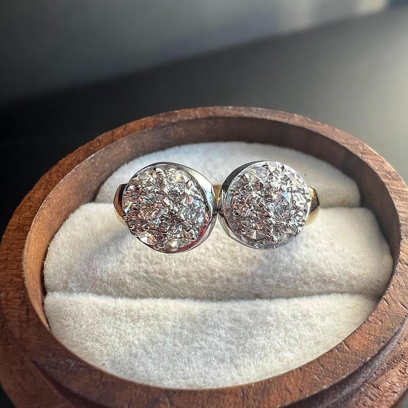 Vintage 9ct Gold Cubic Zirconia Double Cluster Ring - Sparkling Retro Style Statement Ring | UK O - US 7.25 | Resizable