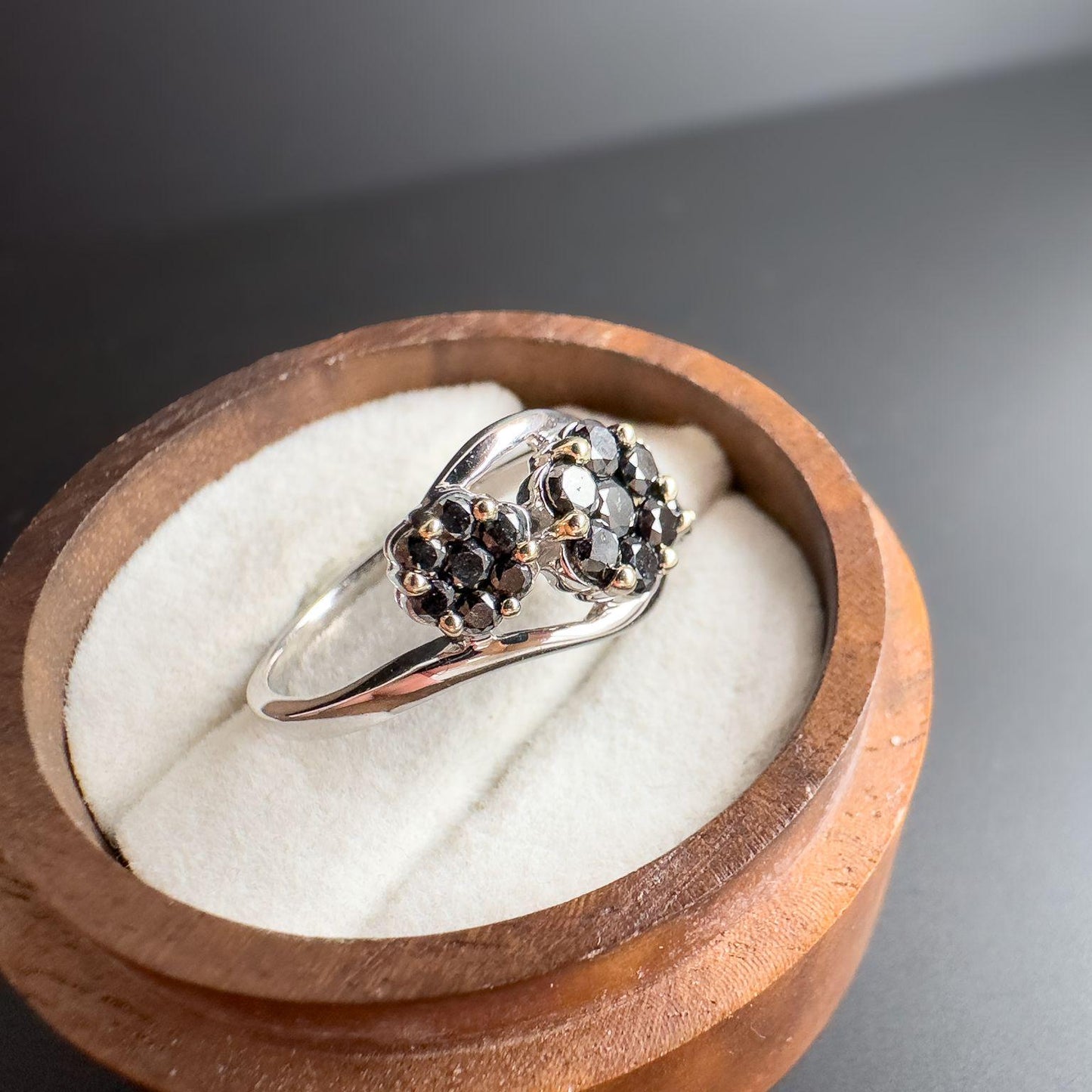 Stunning | 9ct White Gold | Black Diamond Cluster Ring | Elegant Statement Ring | Size UK O 1/2, US 7.5 | Resizable | English Hallmarks