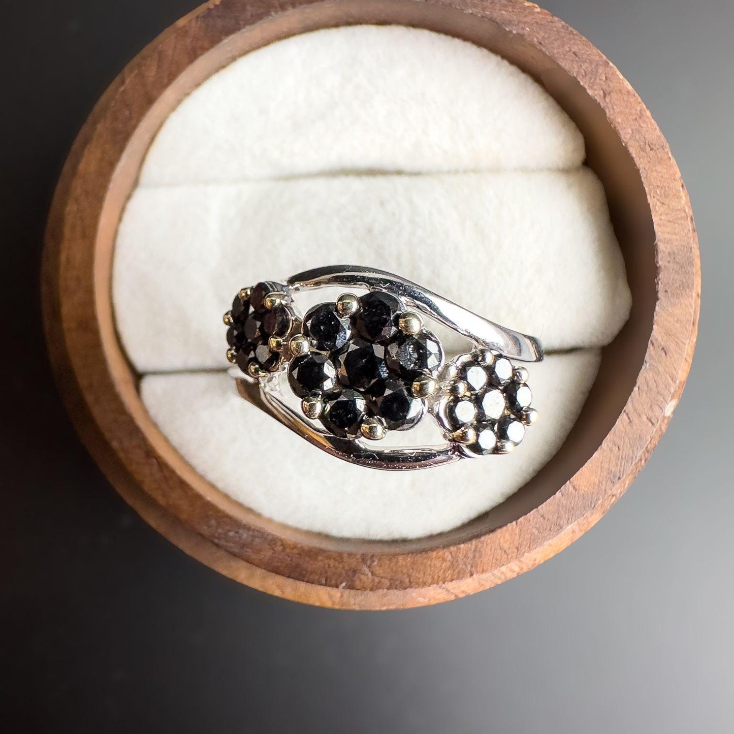 Stunning | 9ct White Gold | Black Diamond Cluster Ring | Elegant Statement Ring | Size UK O 1/2, US 7.5 | Resizable | English Hallmarks