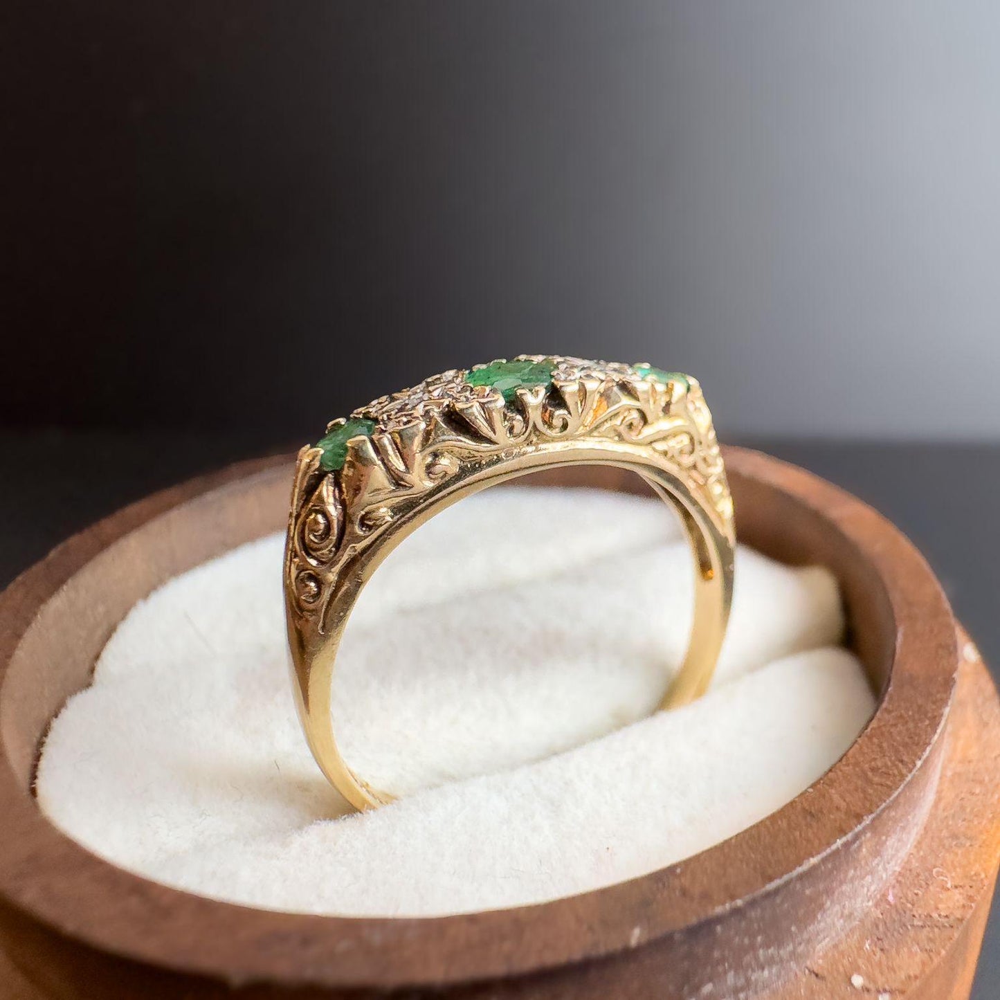 1980s Three-Stone Emerald & Diamond Ring in 9ct Gold Stunning Scrollwork | UK Size N - US 6.75 | Resizable | English Hallmarks