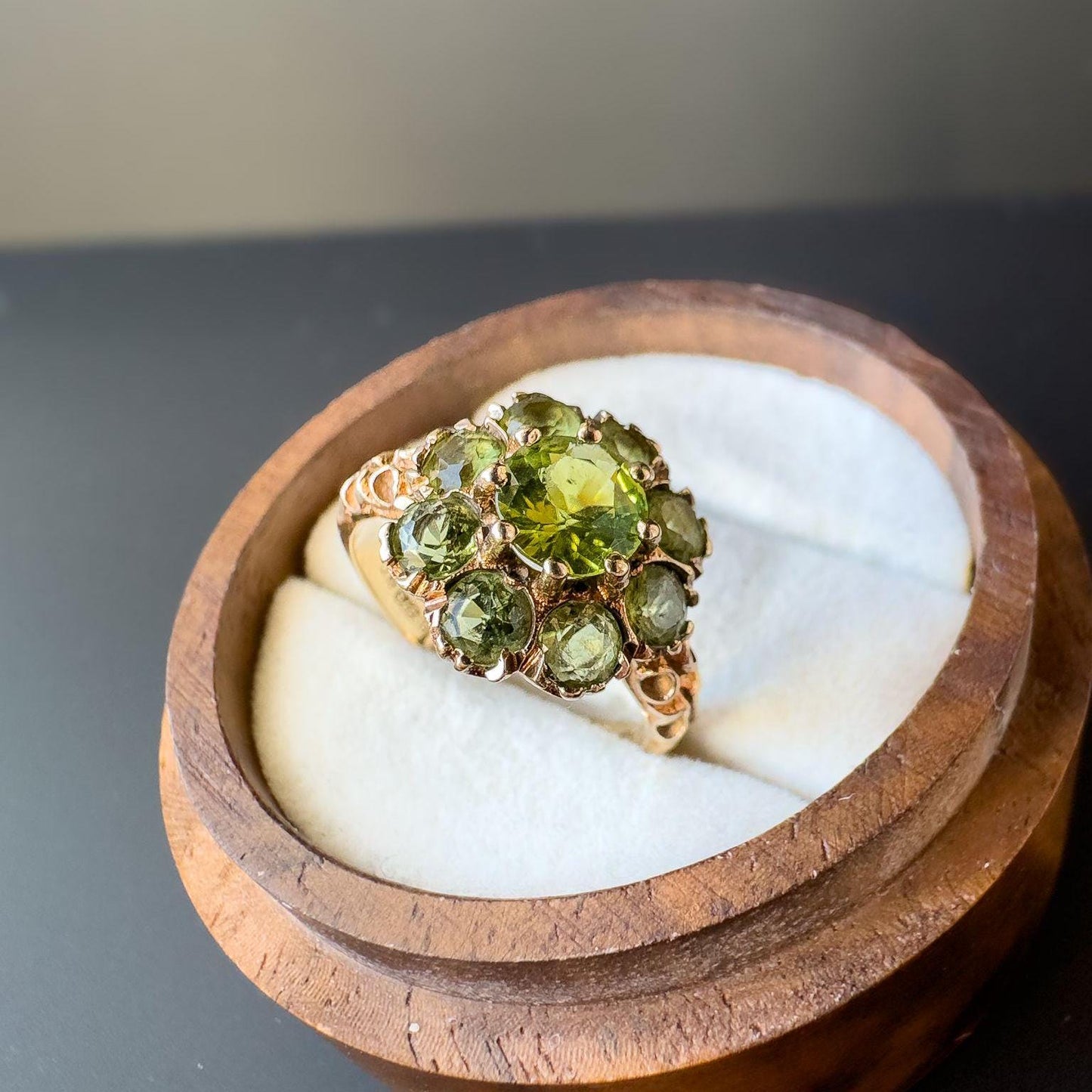 Vintage 1970s 9ct Gold Peridot Cluster Ring Radiant Green Gemstone Floral Design | English Hallmarks | UK L - US 6 | Resizable