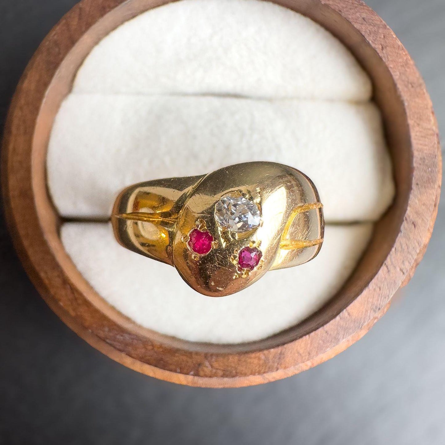 Rare Antique | 18ct Gold Edwardian Serpent Snake Ring, Diamond & Ruby Eyes | Circa 1910 English Hallmarks | UK O 1/2 -US 7.5 | Resizable