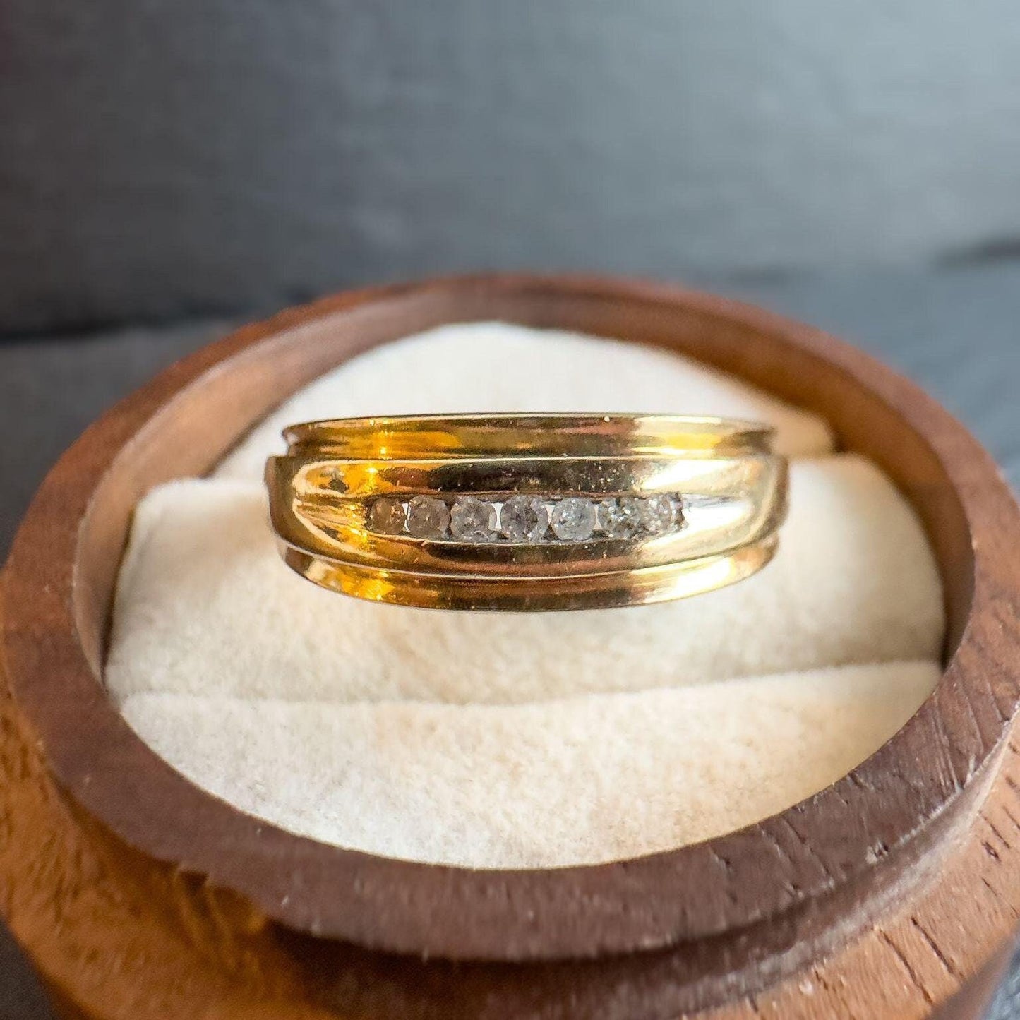 Vintage 9ct Gold Diamond Accent Band Ring - Vintage Elegance - Unique Gold Band | English Hallmarks | UK Q 1/2 - US 8.5 | Resizable
