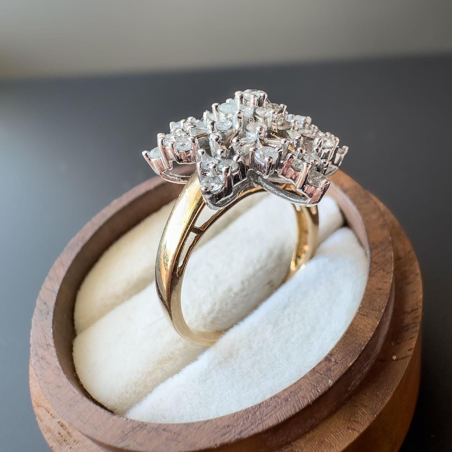 Vintage 9ct Gold Diamond Cluster Ring Starburst Mixed Cut Diamonds | English Hallmarks | UK O 1/2 - US 7.5 | Resizable
