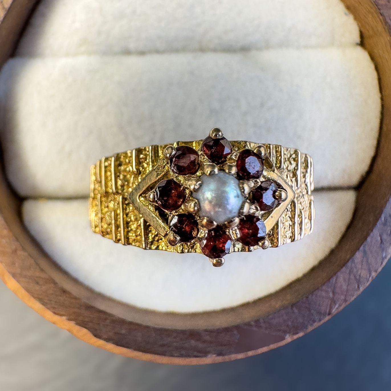 Vintage 1950s 9ct Gold Garnet and Pearl Statement Ring | London Hallmarked | Statement Jewelry | Mid-Century Design | UK M | Resizable |