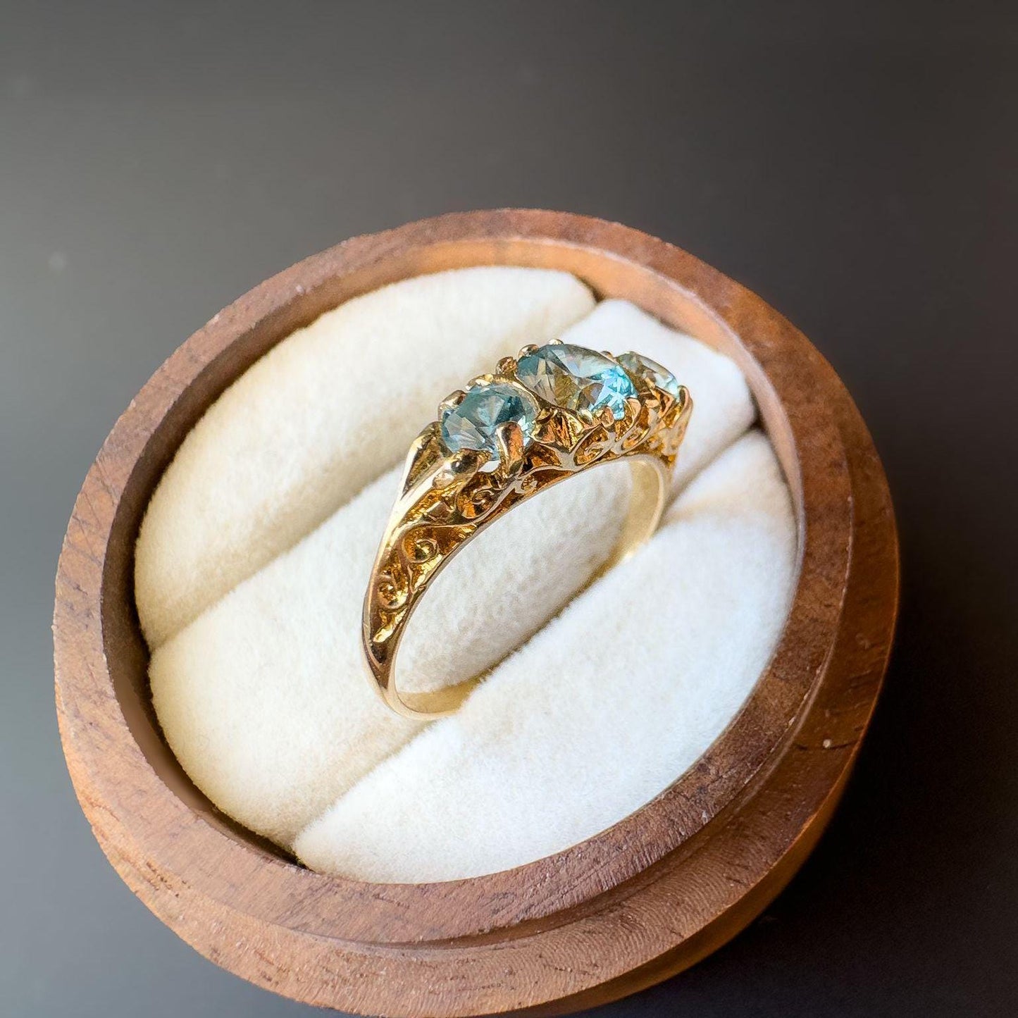 Vintage | 9ct Gold | Edwardian-Inspired Blue Topaz Ring Intricate Scrollwork Design | English Hallmarks | UK L 1/2 - US 6 | Resizable