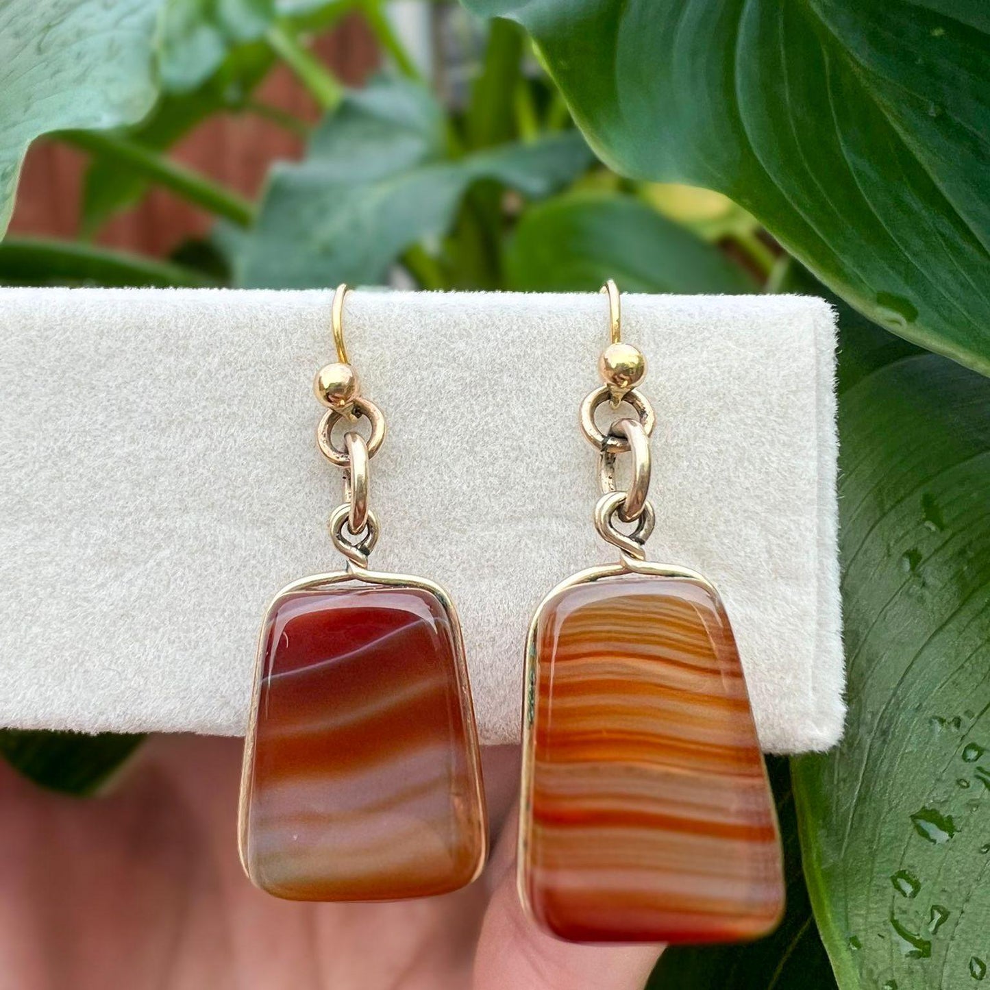 Vintage 9ct Gold Agate Drop Earrings Natural Banded Gemstone Jewelry
