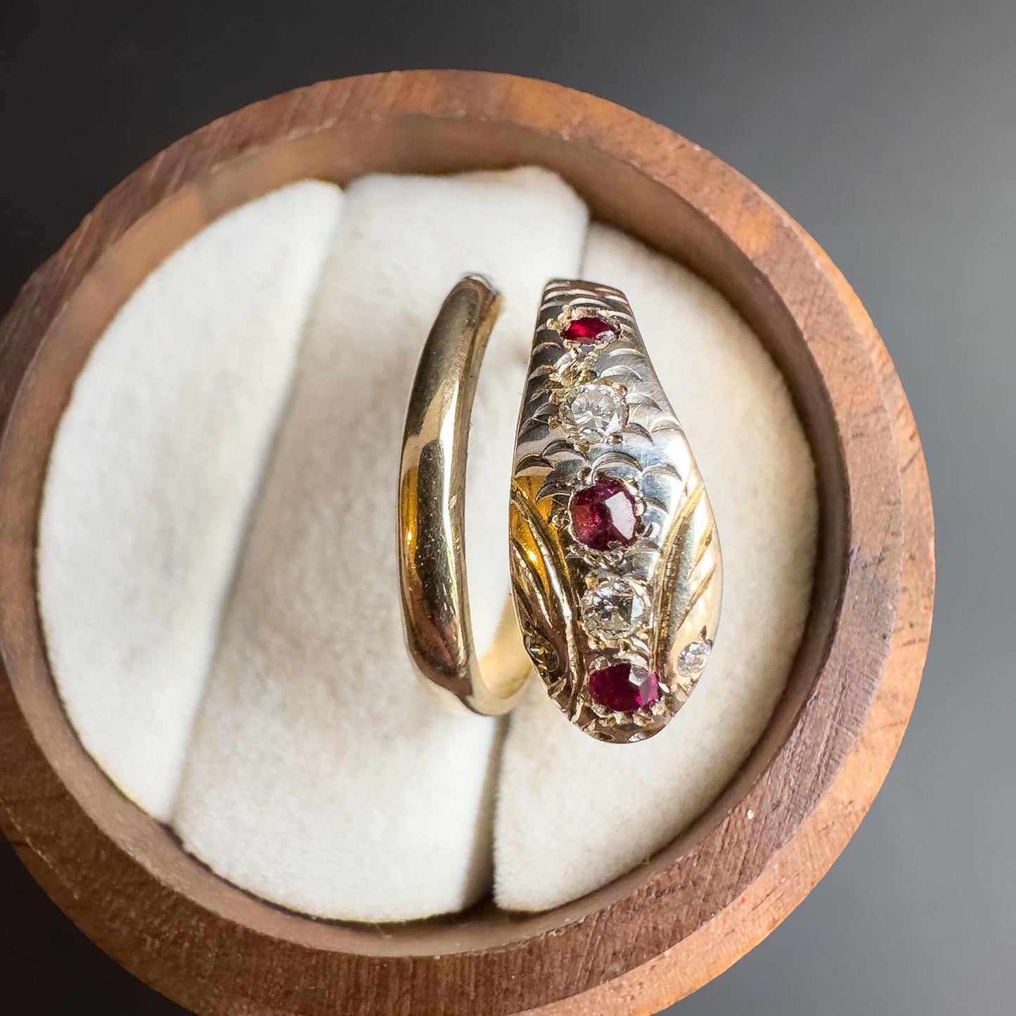Antique 9ct Gold Diamond & Ruby Serpent Snake Ring Unique Victorian Symbolism | 1918 Hallmarked | UK L 1/2 - US 6 | Resizable