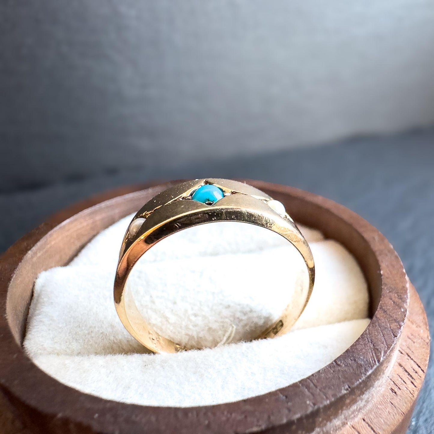 Antique 15ct Solid Gold Turquoise And Pearl Gypsy Ring | Birmingham 1924 Hallmarked | UK L/2 - US 6 | Resizable | Victorian Era Jewelry |