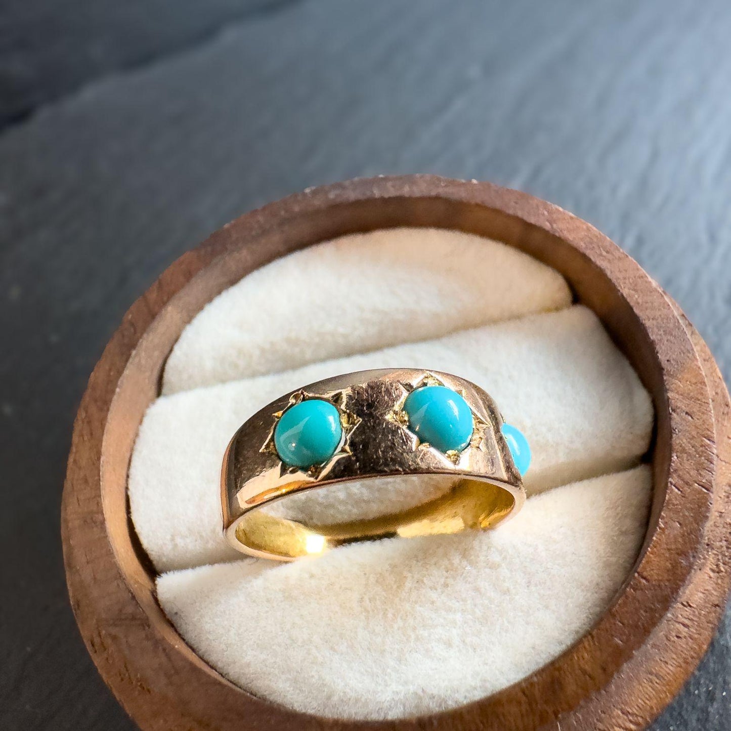 Vintage 14ct Gold Turquoise Gypsy Ring | Unique Victorian Era Gemstone Jewelry | UK L 1/2 - US 6 | Resizable |