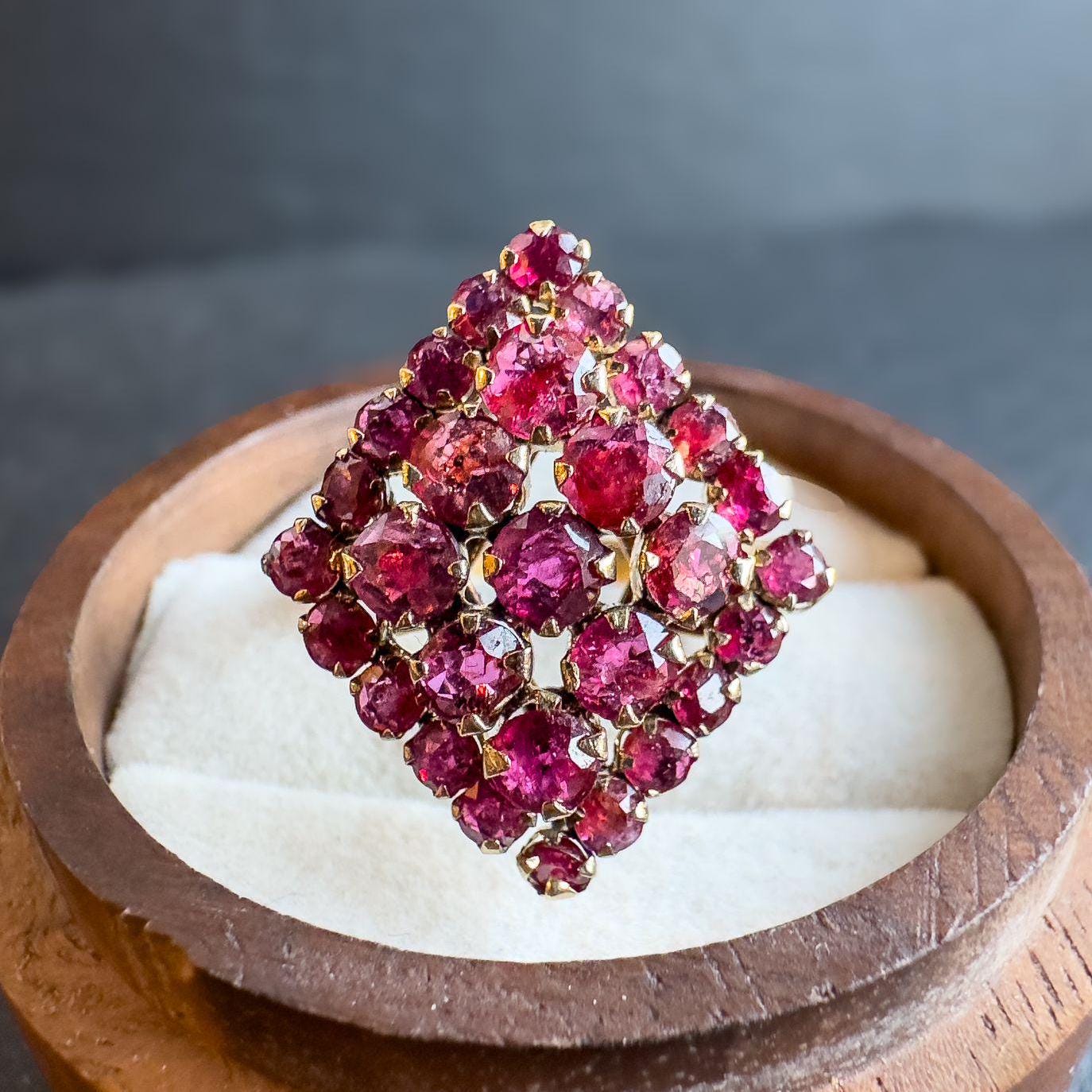Vintage 18ct Gold Ruby Cluster Ring | Unique Marquise Design | Stately Vintage Jewelry |Statement Ring | UK M - US 6.25 | Resizable |