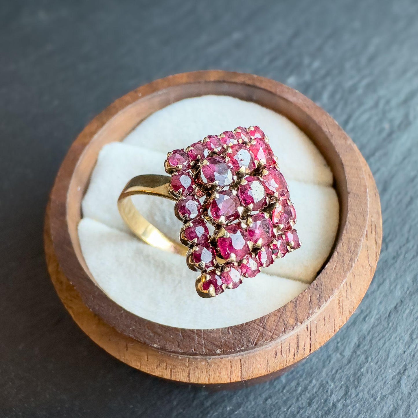Vintage 18ct Gold Ruby Cluster Ring | Unique Marquise Design | Stately Vintage Jewelry |Statement Ring | UK M - US 6.25 | Resizable |