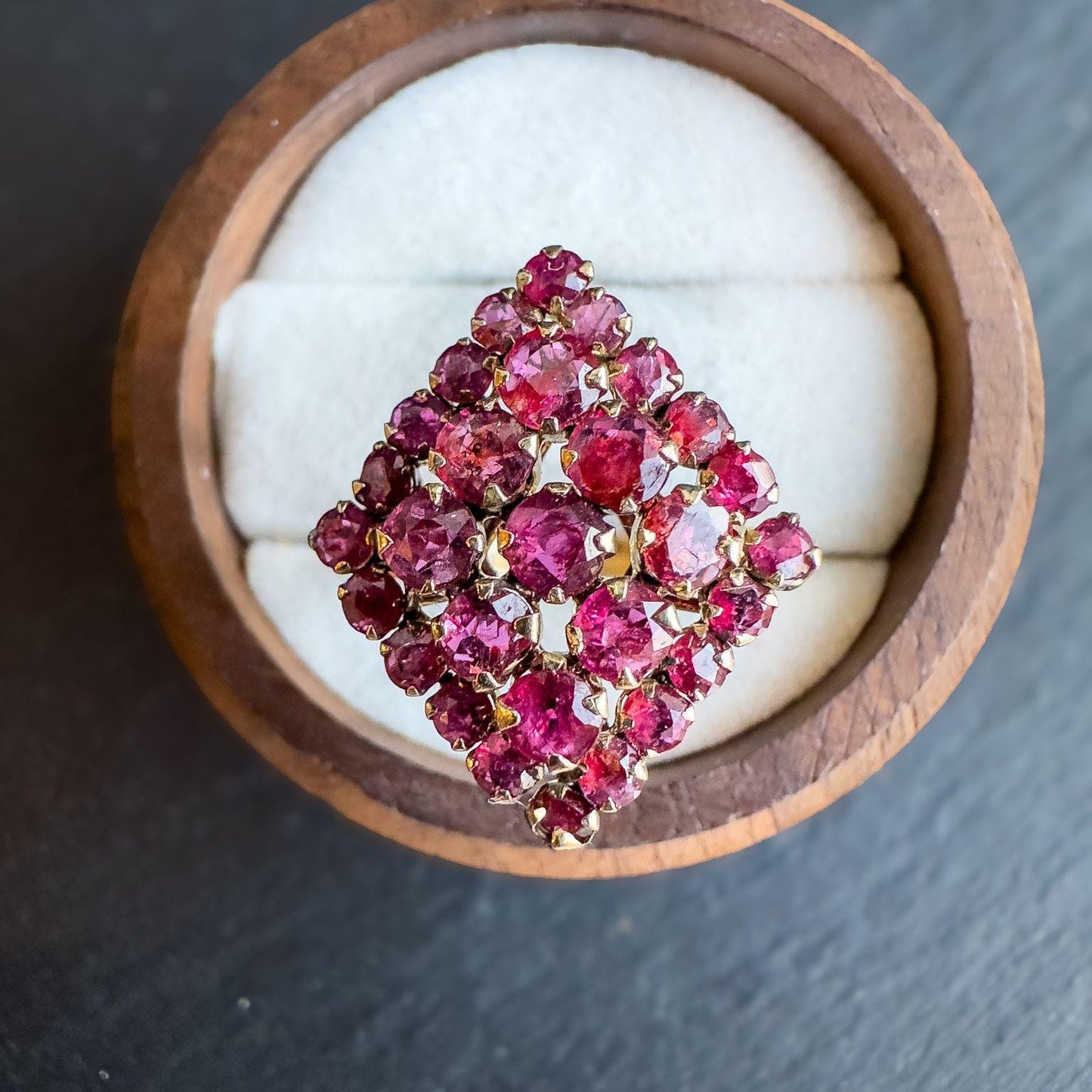 Vintage 18ct Gold Ruby Cluster Ring | Unique Marquise Design | Stately Vintage Jewelry |Statement Ring | UK M - US 6.25 | Resizable |