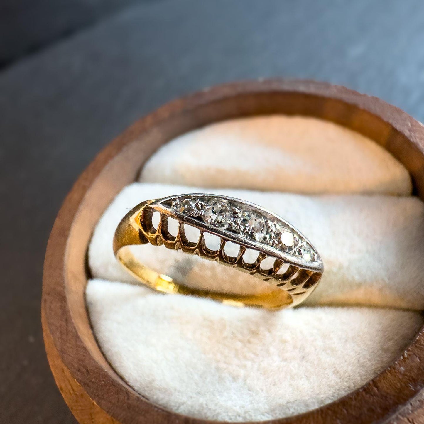 Antique 18ct Gold & Platinum Diamond Ring | Antique Marquise Design Jewelry | UK J 1/2 - US 5 | Resizable | Five Stones Diamond Ring |
