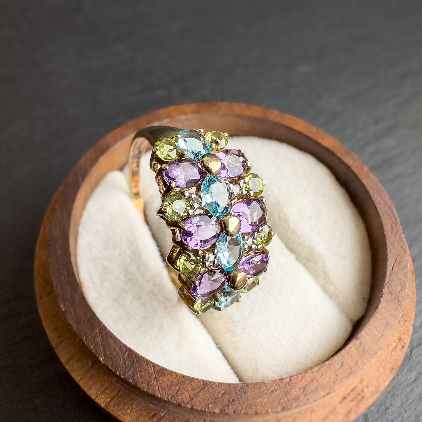 Vintage 9ct Gold Multi Stone Cluster Ring | Amethyst, Peridot, Topaz Gemstone Ring | UK T - US 9.5 | Resizable |