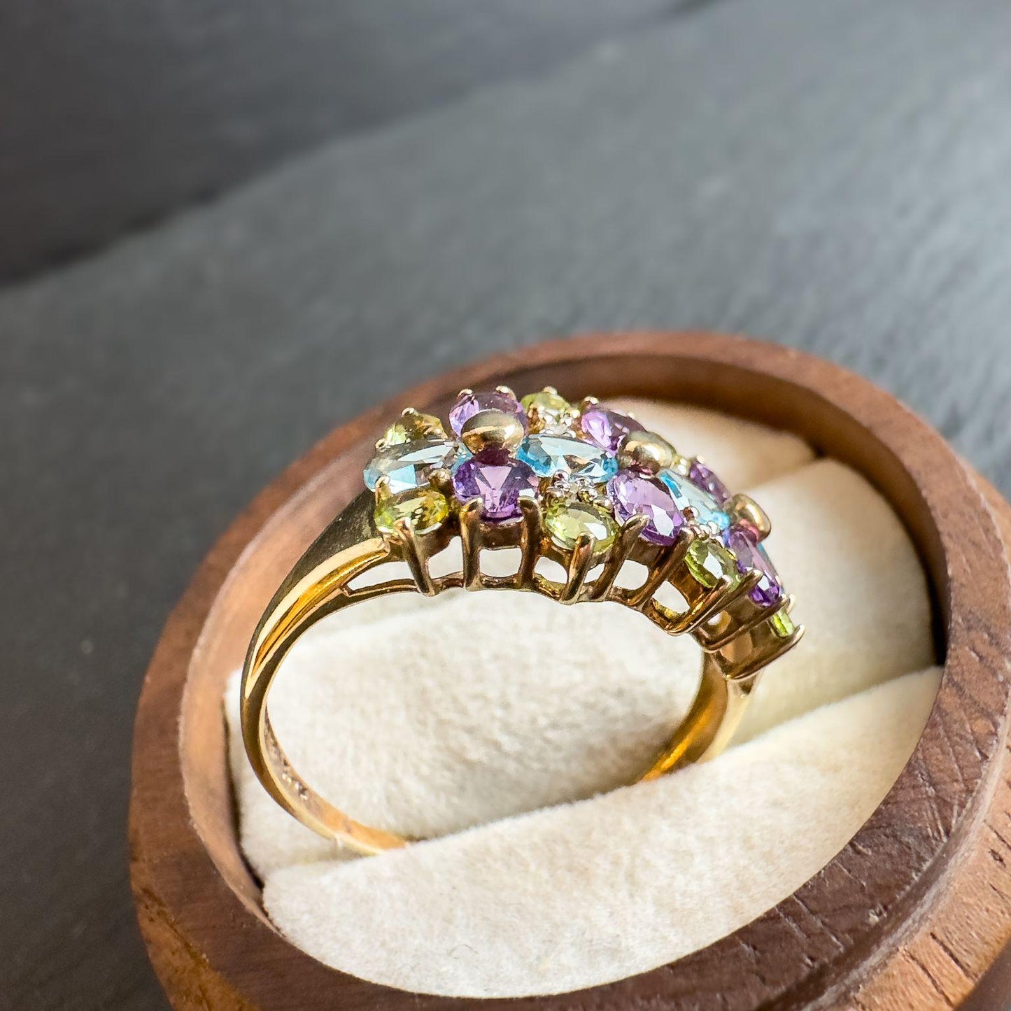 Vintage 9ct Gold Multi Stone Cluster Ring | Amethyst, Peridot, Topaz Gemstone Ring | UK T - US 9.5 | Resizable |