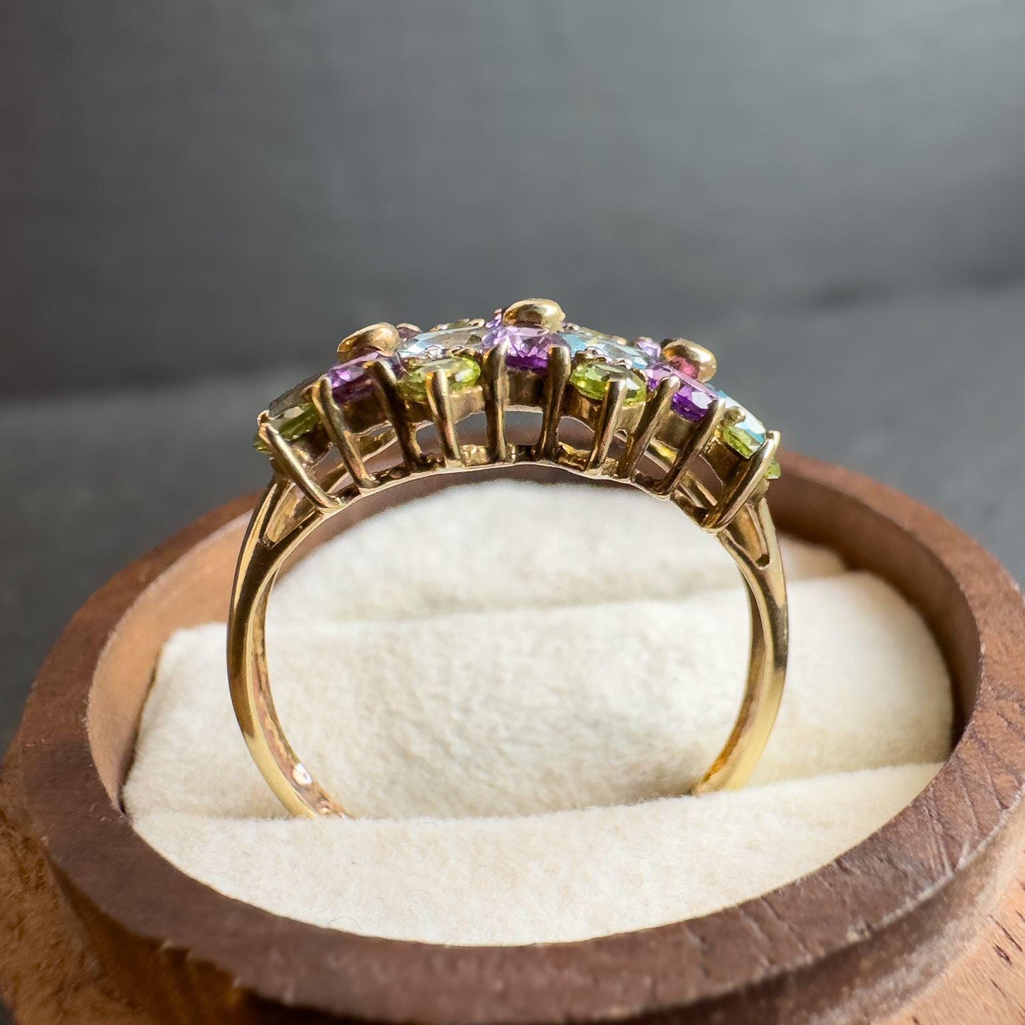 Vintage 9ct Gold Multi Stone Cluster Ring | Amethyst, Peridot, Topaz Gemstone Ring | UK T - US 9.5 | Resizable |