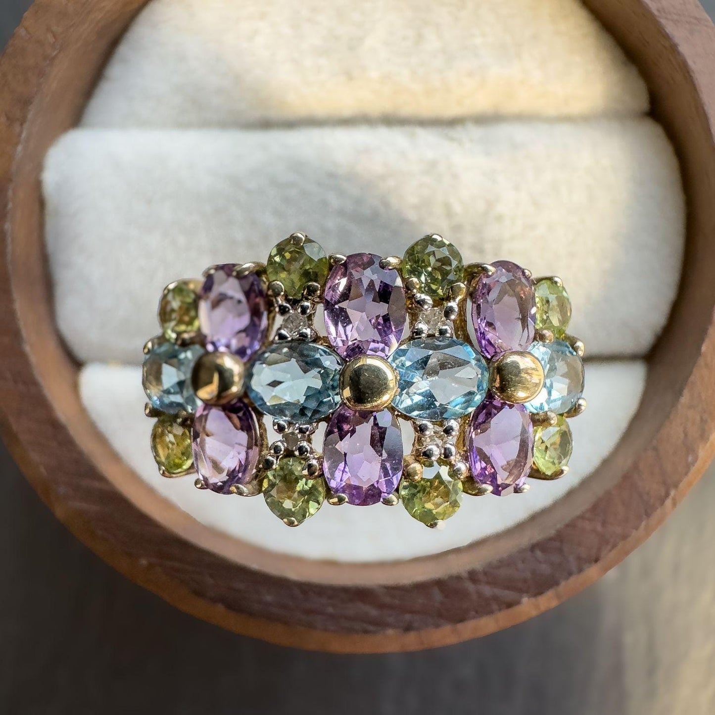 Vintage 9ct Gold Multi Stone Cluster Ring | Amethyst, Peridot, Topaz Gemstone Ring | UK T - US 9.5 | Resizable |