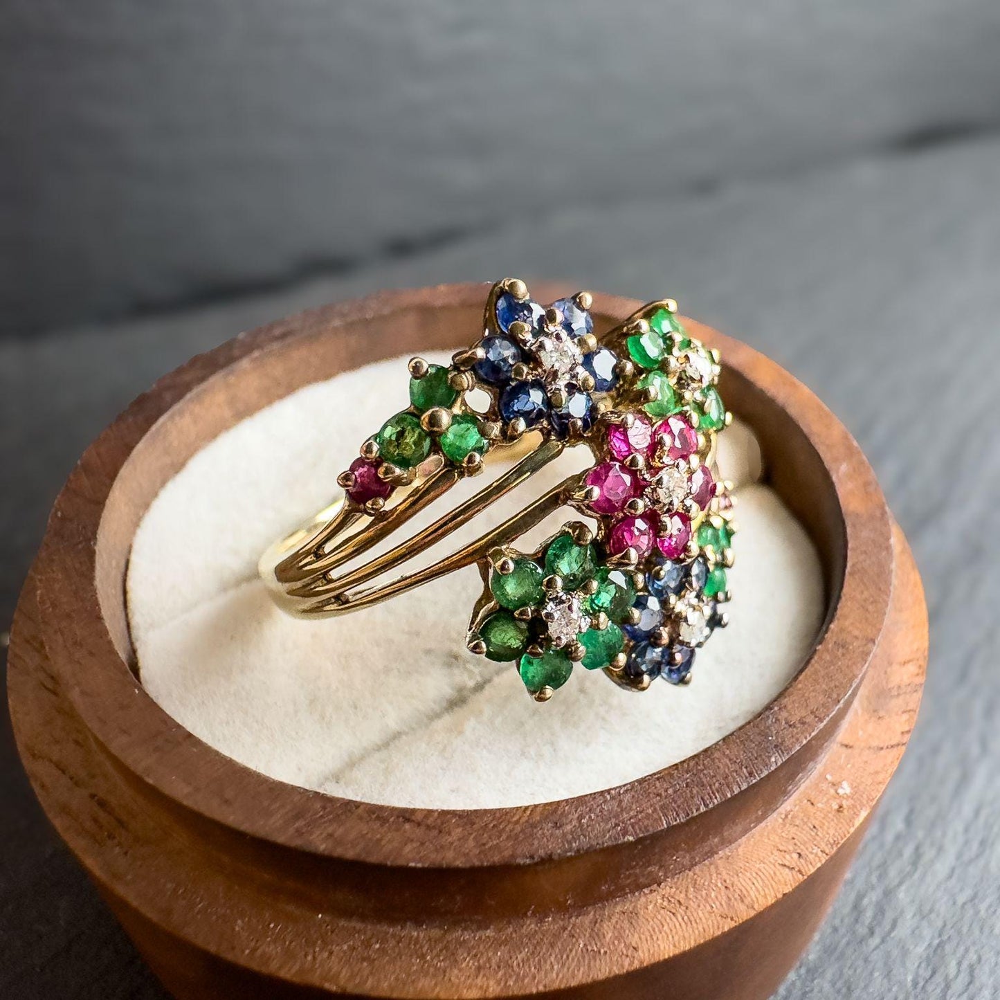 Stunning Vintage 9ct Gold Ruby, Emerald, Sapphire & Diamond Floral Cluster Ring | UK T - US 9.5 | Resizable | English Hallmarks